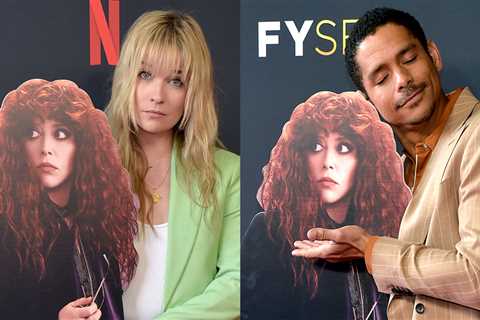 Annie Murphy & Charlie Barnett pose with Natasha Lyonne cardboard cutout at the Russian Doll..