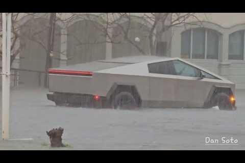 Tesla Cybertruck drives through flooded New Orleans street