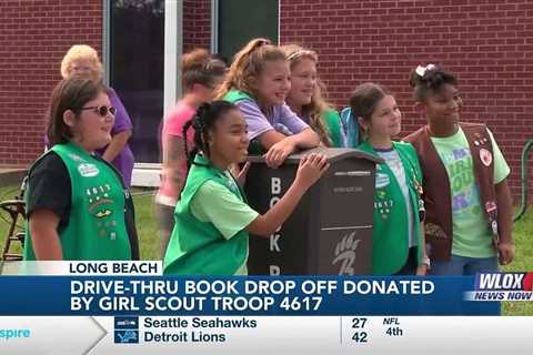 Long Beach Public Library drive-thru book drop-off donated by Girl Scout Troop 4617